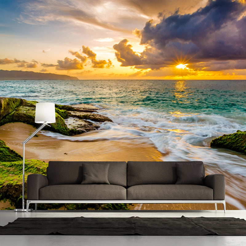 Sunset Moss Sea Rock Mural Tropical Non-Woven Cloth Wall Covering in Yellow-Green