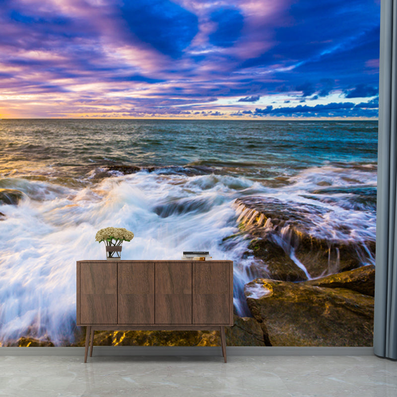 Waterproof Nightfall Sea Surge Mural Tropical Non-Woven Fabric Wall Art, Custom Print