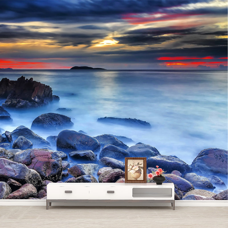 Sundown Stone Shore Wallpaper Mural Contemporary Non-Woven Cloth Wall Covering in Blue