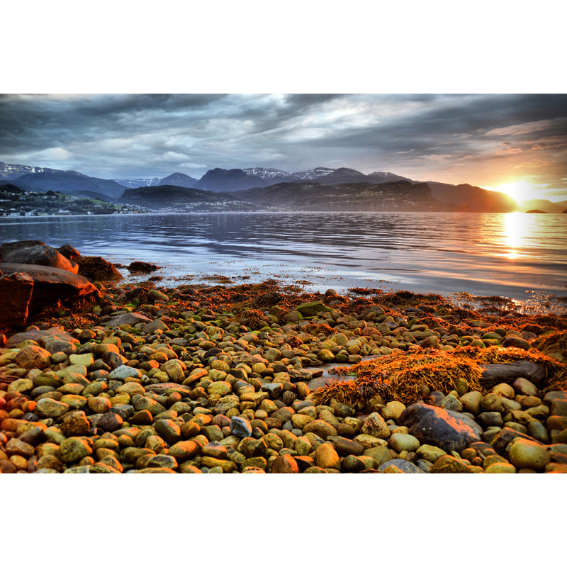 Riverside Pebbles and Mountain Mural Modern Moisture Resistant Bedroom Wall Art, Custom Print