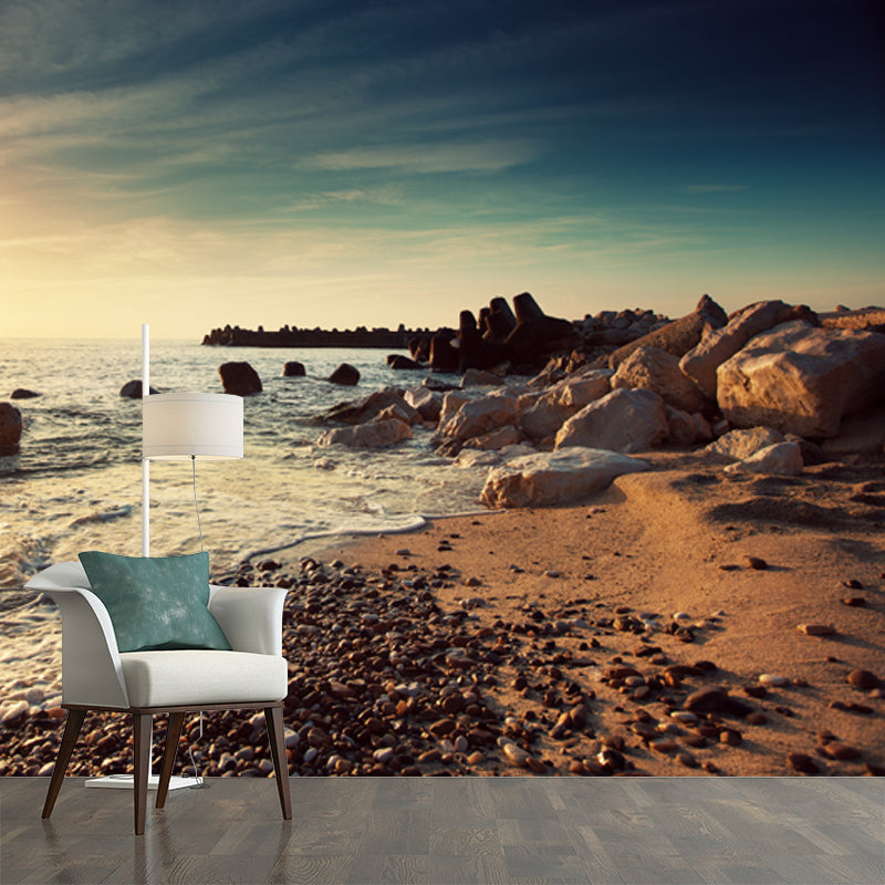Photography Dusk Seascapes Wall Mural for Accent Wall, Blue-Brown, Custom Printed