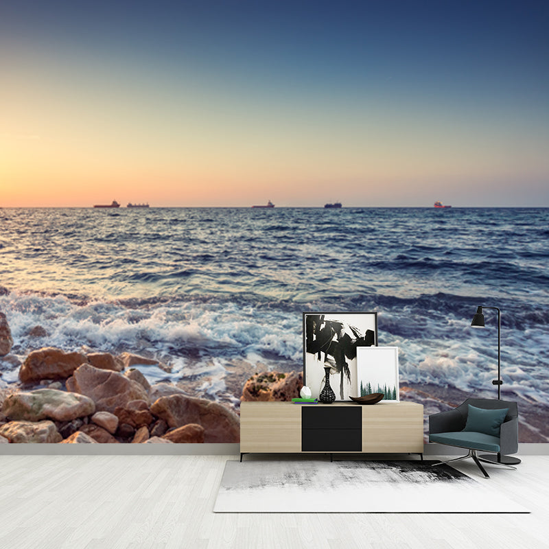 Tropic Ocean Rocky Bay Mural Wallpaper Blue Sunset Scenery Wall Art, Customization