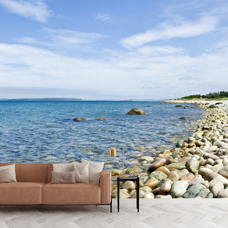 Tropical Sea Pebble Bay Mural Blue-White Moisture Resistant Wall Decor for Bedroom