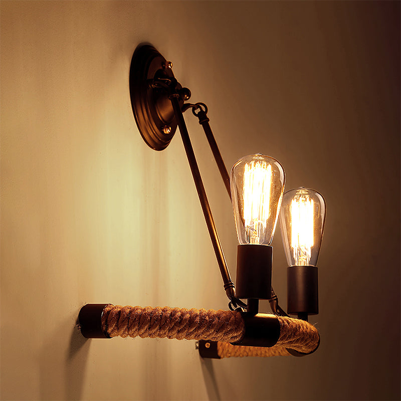 Iluminación de pared de medio anillo acordado estilo vintage 2 luces lámpara de pared de la sala de estar con bombilla desnuda en negro