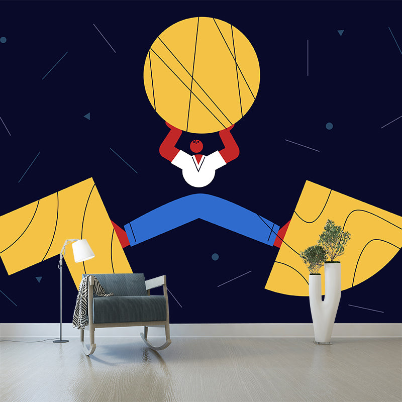 Artistry Mens Wallpaper Mural with Weight Lifting Pattern Black-Yellow Wall Decor