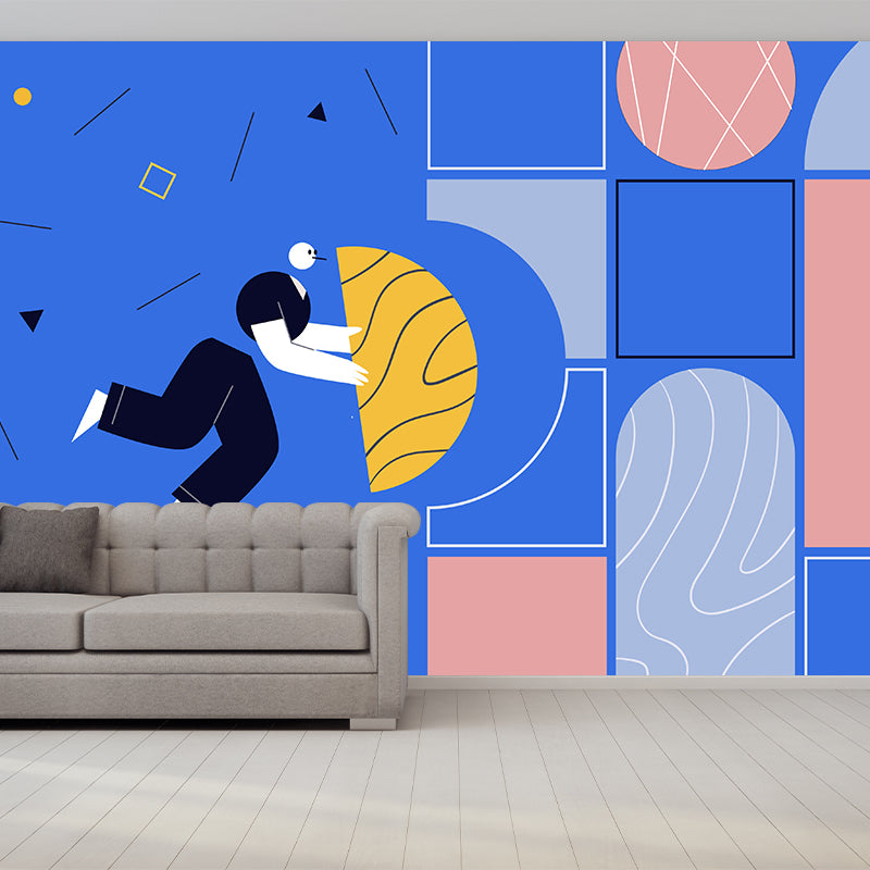 Art Deco Filling Blank Mural for Bedroom Custom Wall Covering in Pink-Yellow on Blue