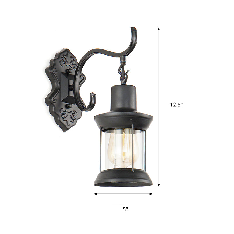 Lantern Clear Glass Wall Mounted Lamp Vintage Single Bulb Outdoor Sconce Light in Black with Carved Pattern