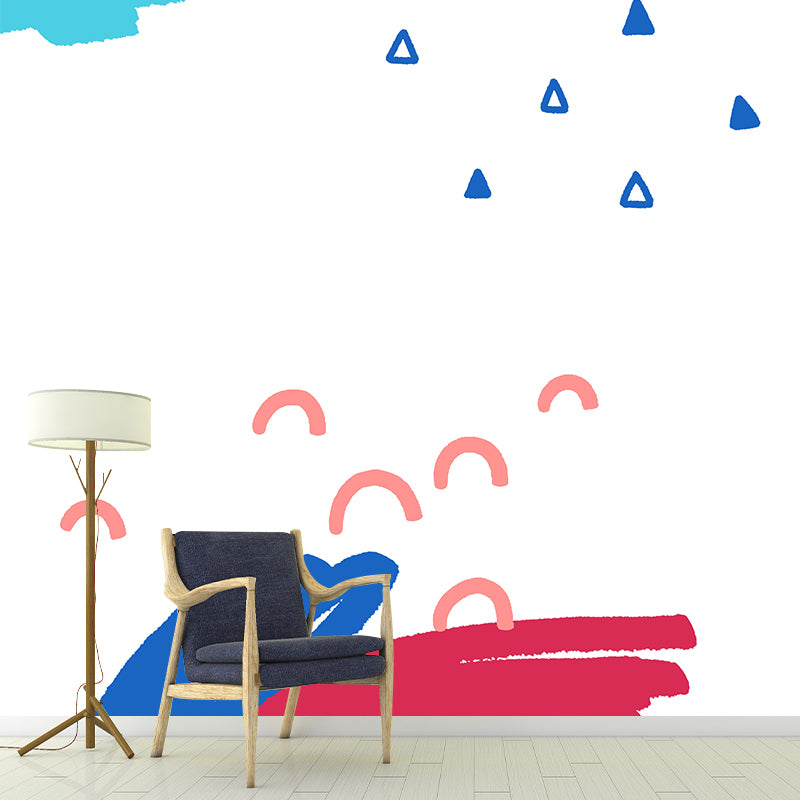 Kids Scribbles Mural Wallpaper Blue-Red Arch and Triangle Pattern Wall Art for Nursery