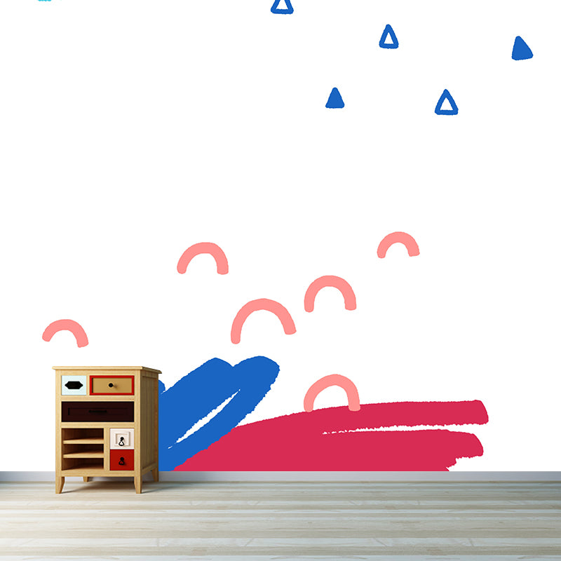 Kids Scribbles Mural Wallpaper Blue-Red Arch and Triangle Pattern Wall Art for Nursery