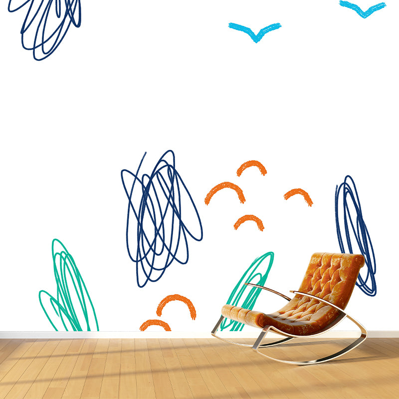 Kids Doodle Seagulls Wall Mural for Kindergarten Customized Wall Decor in Blue-Orange