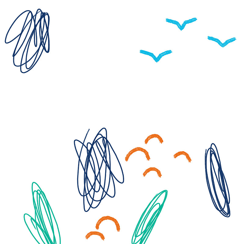 Kids Doodle Seagulls Wall Mural for Kindergarten Customized Wall Decor in Blue-Orange