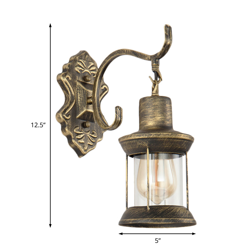 1 Bulb Kerosene Wall Mounted Light Fixture Rustic Style Aged Bronze Clear Glass Lighting with Carved Pattern