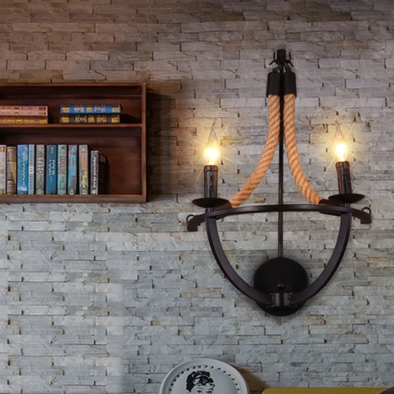 Loft Style Open Lampe Wallbeleuchtung 2 Lichter Manila Seil und Metall Wandleuchte in Schwarz für Wohnzimmer