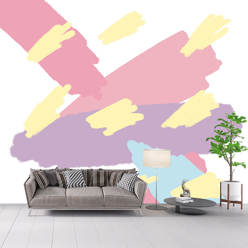 Pink Brush Stroke Scribble Mural Water-Proof Kids Style Bedroom Wall Art, Custom Made