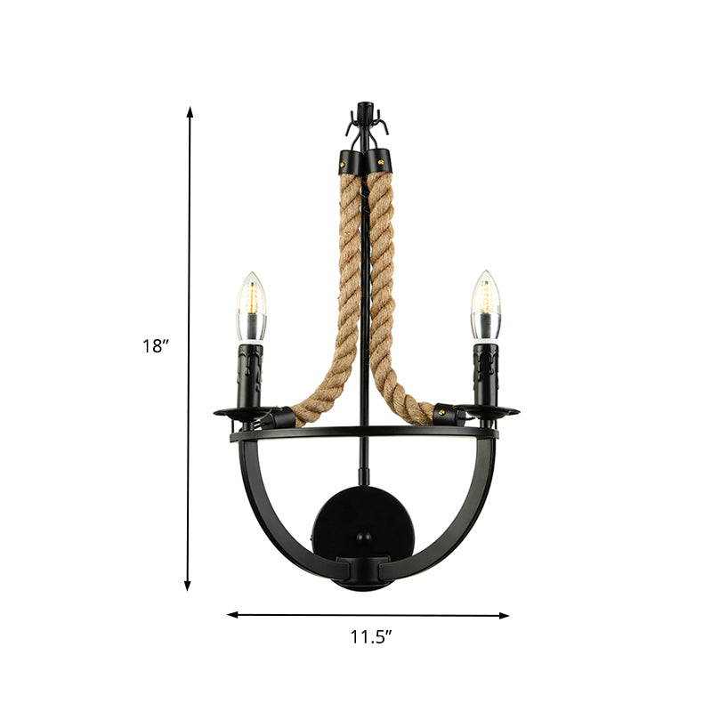 Loft Style Open Bulb Wall Lighting 2 Lights Manila Rope and Metal Wall Sconce in Black for Living Room