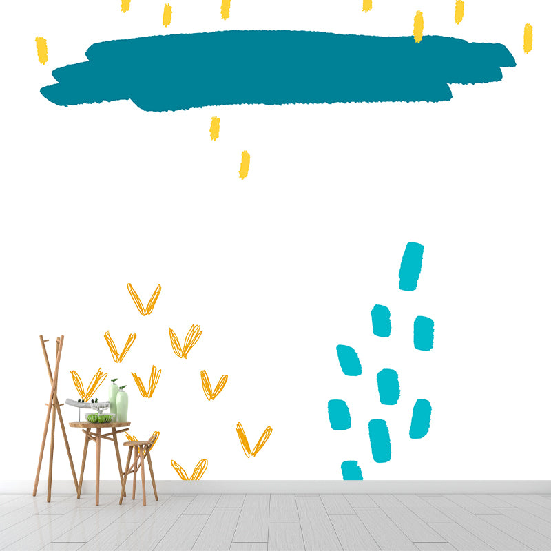 Blue Raining Countryside Painting Mural Stain Resistant Wall Covering for Living Room