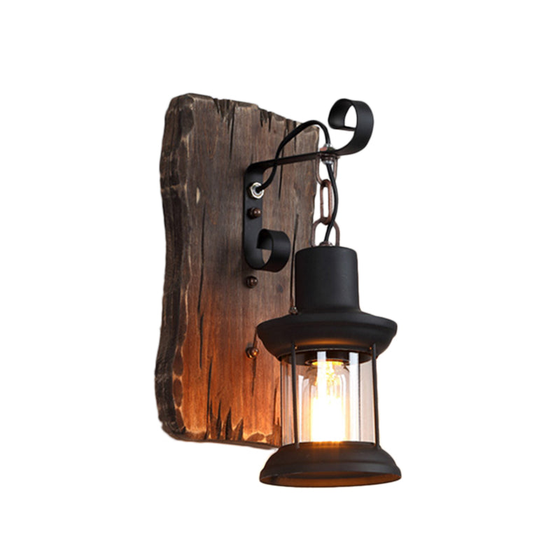 Black One Light Sconce Light Rustic Clear Glass Caged Lighting Fixture with Wooden Backplate