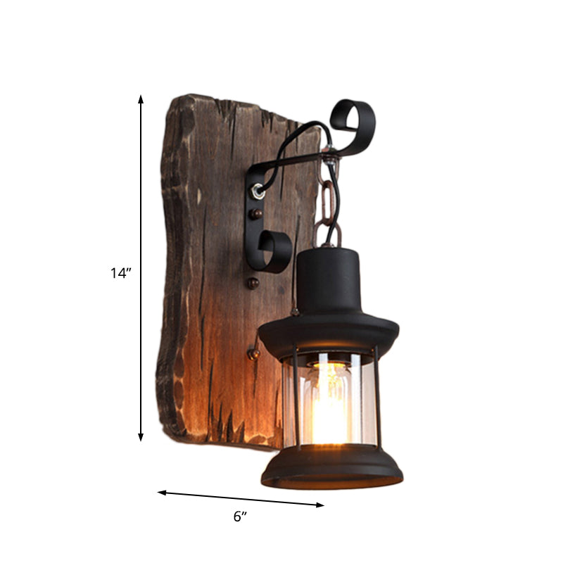 Black One Light Sconce Light Rustic Clear Glass Caged Lighting Fixture with Wooden Backplate