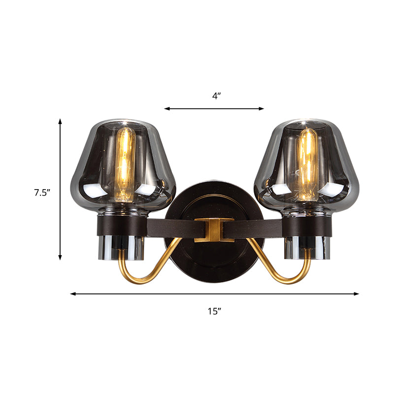 2-Bulb Wall Light with Mushroom Shade Smoked Glass Modern Bedroom Sconce Lighting Fixture