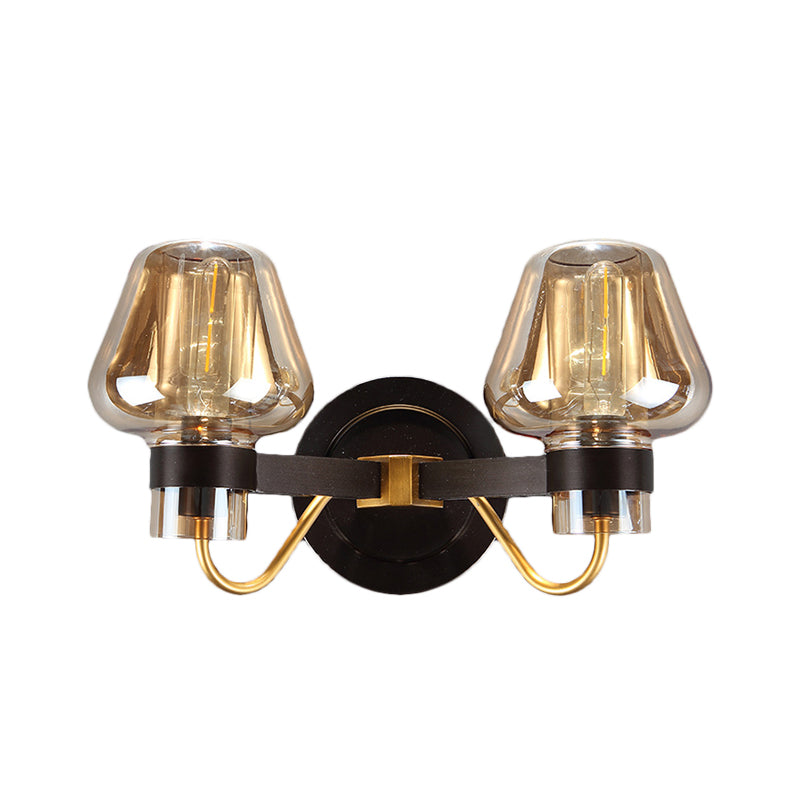 2-Light Mushroom Sconce Light Fixture Modern Black Amber Glass Wall Lamp for Living Room