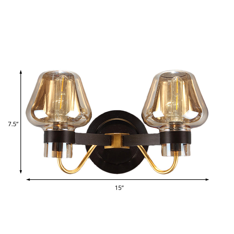 2-Light Mushroom Sconce Light Fixture Modern Black Amber Glass Wall Lamp for Living Room
