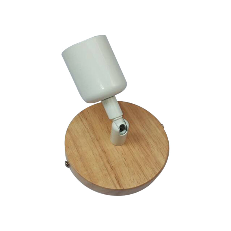 Simple Style Round Backplate Wall Sconce 1 Head Wood and Metal Wall Fixture in White for Bedside