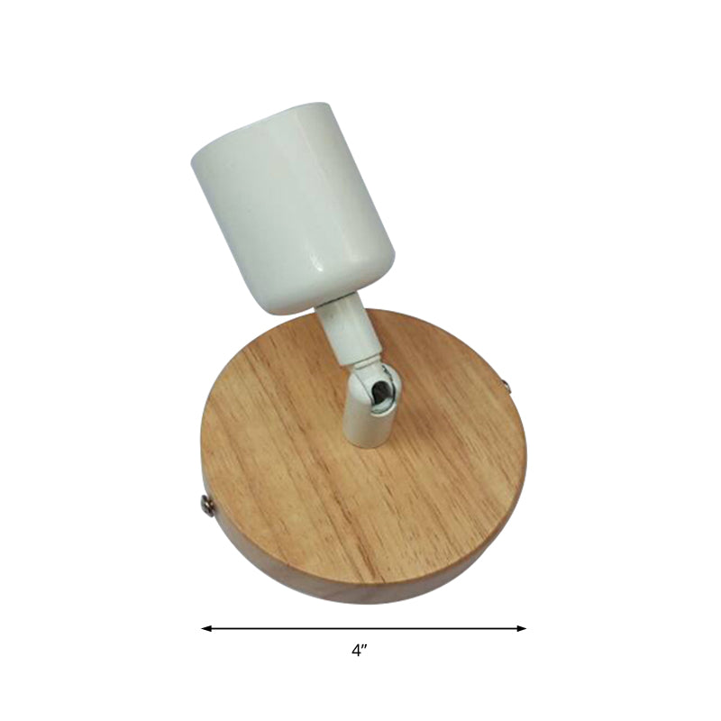 Simple Style Round Backplate Wall Sconce 1 Head Wood and Metal Wall Fixture in White for Bedside