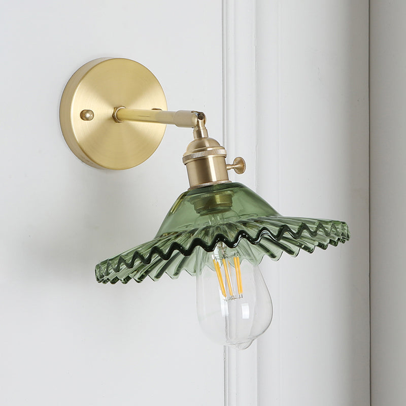 Industrial Scalloped Wall Lighting Fixture 1 Bulb Green Glass Sconce Light in Brass