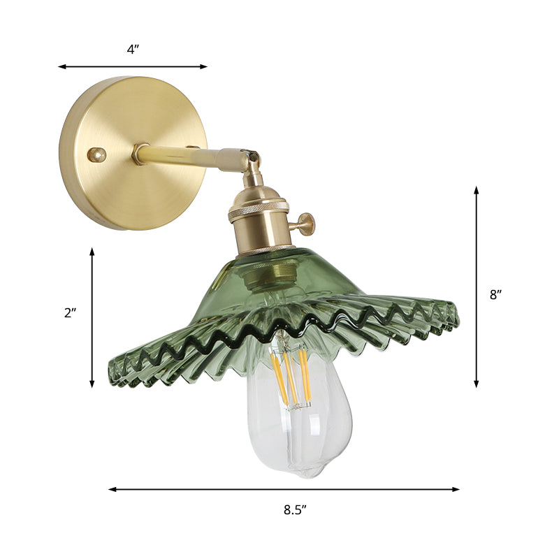 Industrial Scalloped Wall Lighting Fixture 1 Bulb Green Glass Sconce Light in Brass