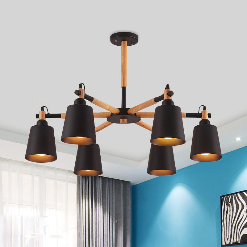 Cone Salon Chandelier Light Nordic Metal 6 Bulbes Lampe suspension noire / blanche avec bras en bois