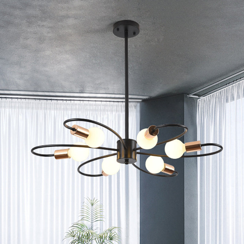 6 lampen gedraaide arm kroonluchter licht traditionele zwarte ijzeren hangende lamp met matglazen schaduw