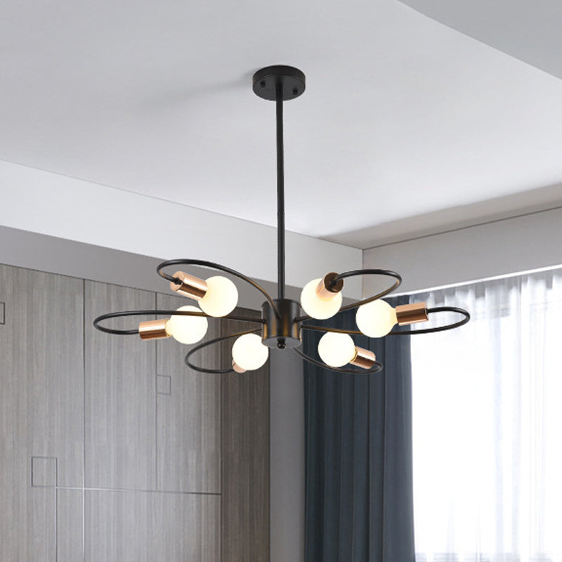 6 lampen gedraaide arm kroonluchter licht traditionele zwarte ijzeren hangende lamp met matglazen schaduw