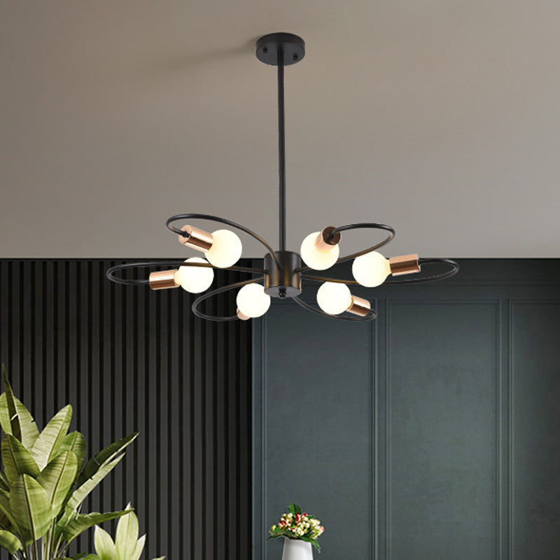 6 lampen gedraaide arm kroonluchter licht traditionele zwarte ijzeren hangende lamp met matglazen schaduw
