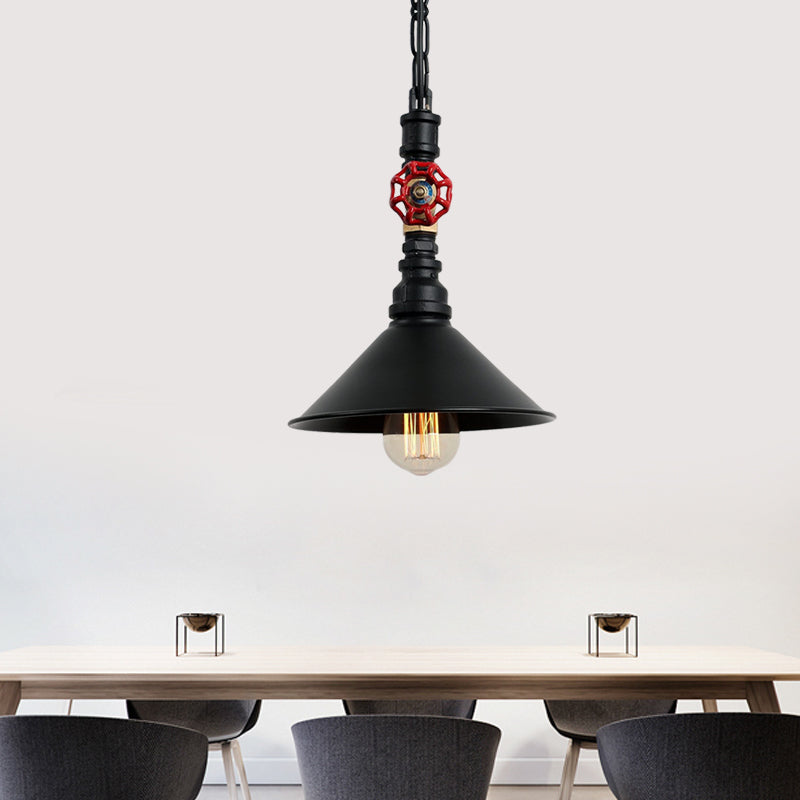 Black/Bronze 1 Light Hanging Lamp Industrial Metal Water Pipe and Valve Suspension Pendant with Cone Shade