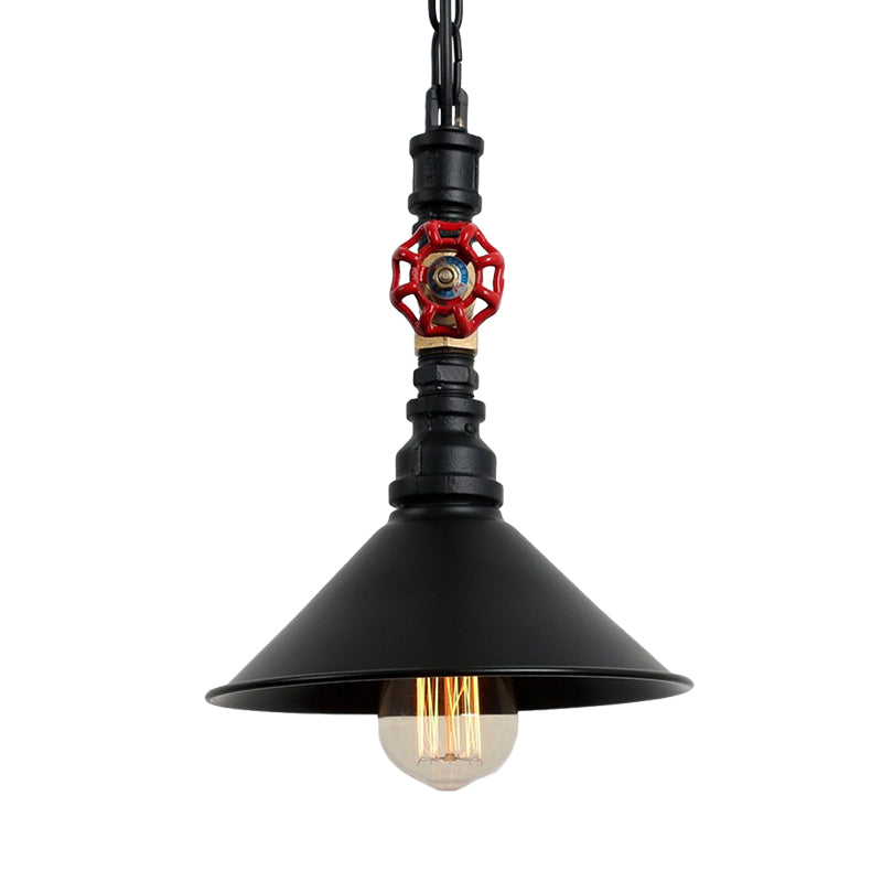 Black/Bronze 1 Light Hanging Lamp Industrial Metal Water Pipe and Valve Suspension Pendant with Cone Shade