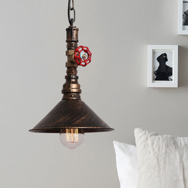 Black/Bronze 1 Light Hanging Lamp Industrial Metal Water Pipe and Valve Suspension Pendant with Cone Shade