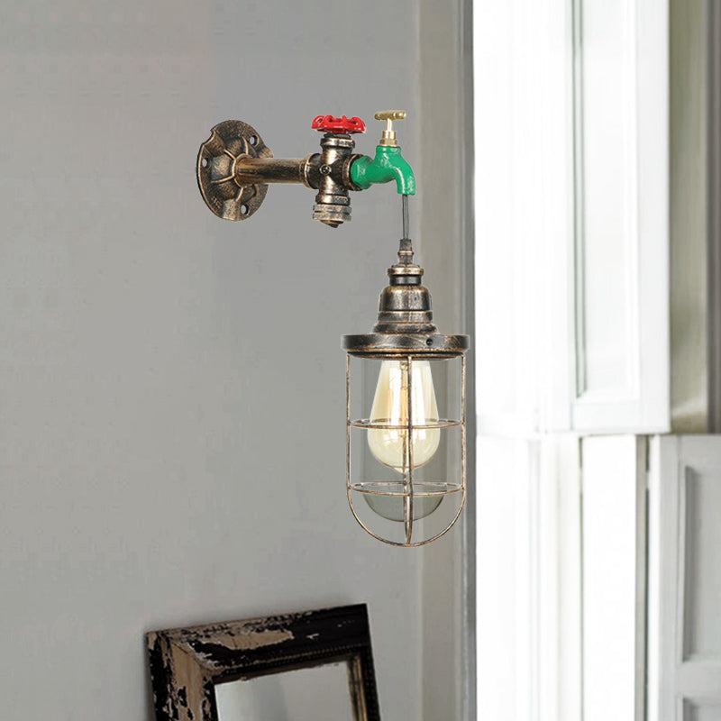 Wasserhahndesign Metall Wandlampe Steampunk Style 1 Lampenbalkon Wandleuchte mit Drahtschutz in antiker Bronze