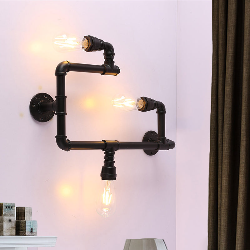 Industrial Twisted Pipe Wall Sconce 3 Heads Iron Wall Mounted Light Fixture in Black for Restaurant
