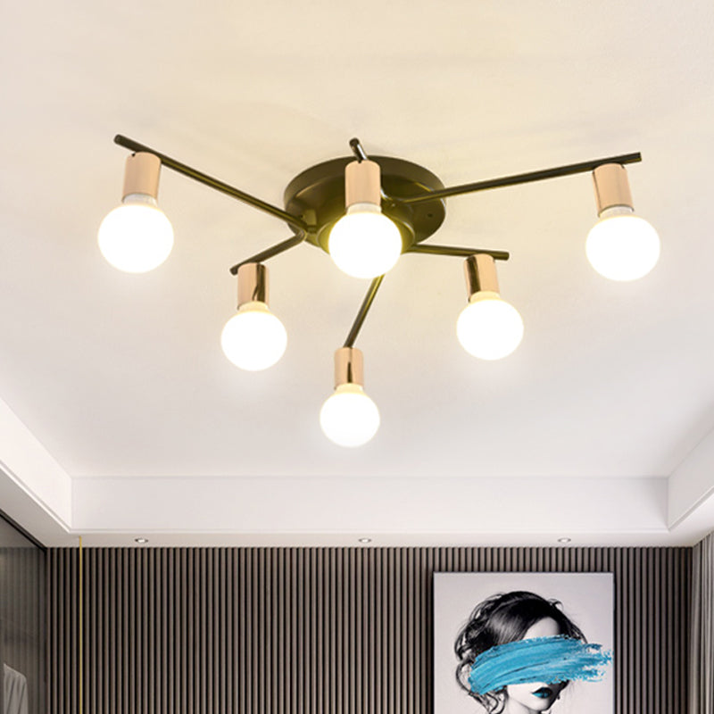 Gold 6/8/10-Head Ceiling Flush Traditional Iron Starburst Semi Flush Light Fixture with White Glass Shade