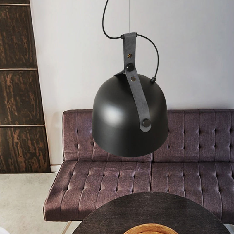 Iron Bowled Pendant Lamp Warehouse 1 Bulb Living Room Ceiling Light in Black/Copper/Silver with Leather Strap