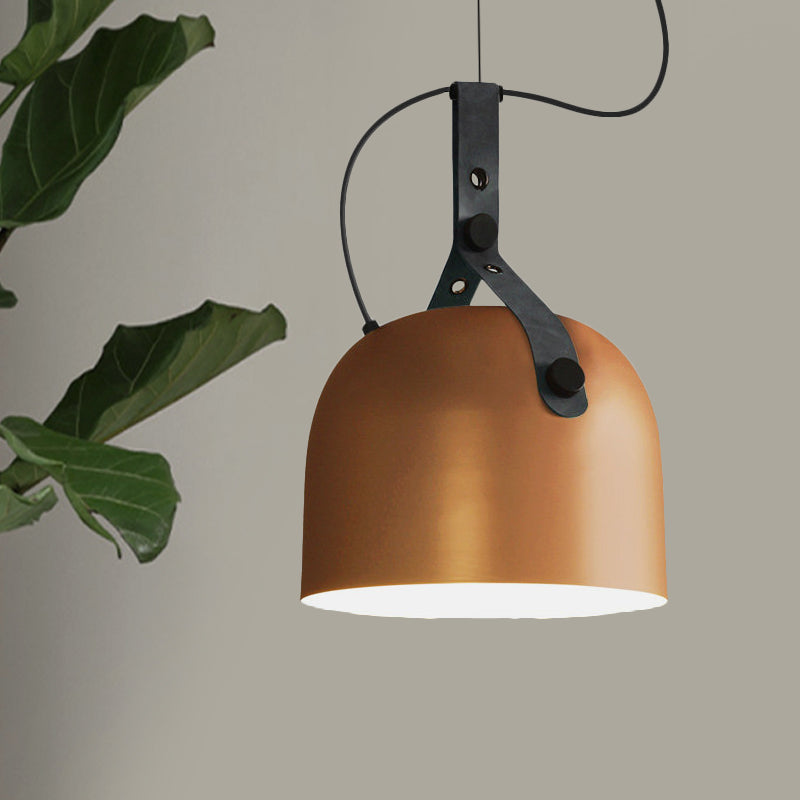 Iron Bowled Pendant Lamp Warehouse 1 Bulb Living Room Ceiling Light in Black/Copper/Silver with Leather Strap