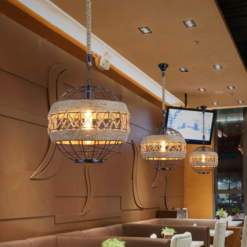 Spherical Bistro Ceiling Suspension Lamp Rustic Natural Rope 1 Head 12"/16" Wide Black Hanging Pendant Light