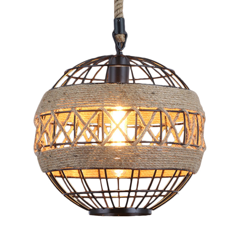 Spherical Bistro Ceiling Suspension Lamp Rustic Natural Rope 1 Head 12"/16" Wide Black Hanging Pendant Light