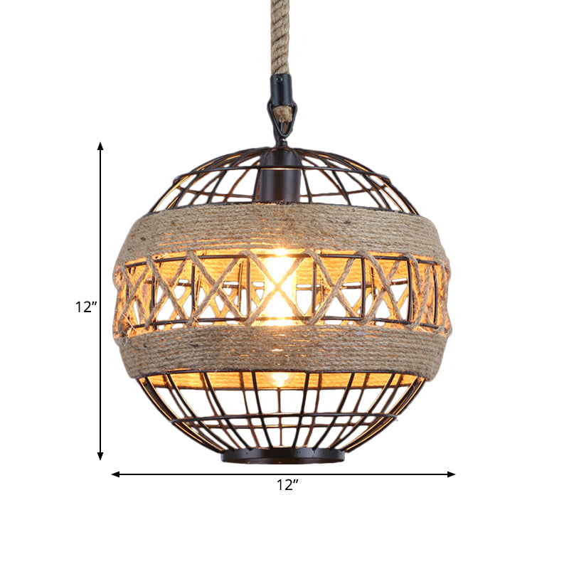 Spherical Bistro Ceiling Suspension Lamp Rustic Natural Rope 1 Head 12"/16" Wide Black Hanging Pendant Light