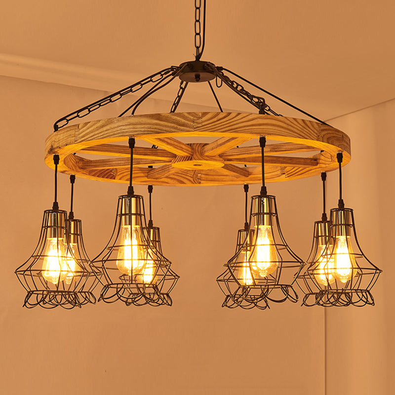 Wagon Wheel Wood Suspension Light Warehouse 6/8-Light Dining Hall Ceiling Chandelier with Wire Cage