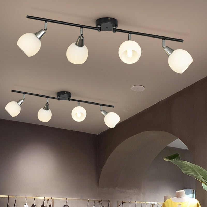 4/6 Lights Linear Adjustable Semi Flush Industrial Black/White Iron Flush Chandelier with Dome Glass Shade