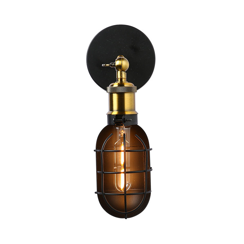 Capsule Cage Restaurant Wall Light Sconce Factory Metal 1 Head Black and Brass Wall Lamp