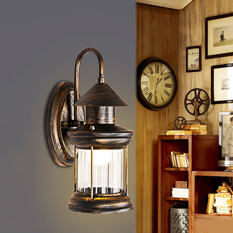 Metallic Lantern Wall Mount Lighting Coastal 1 Bulb Corner Wall Lamp Sconce with Curvy Arm in Brass