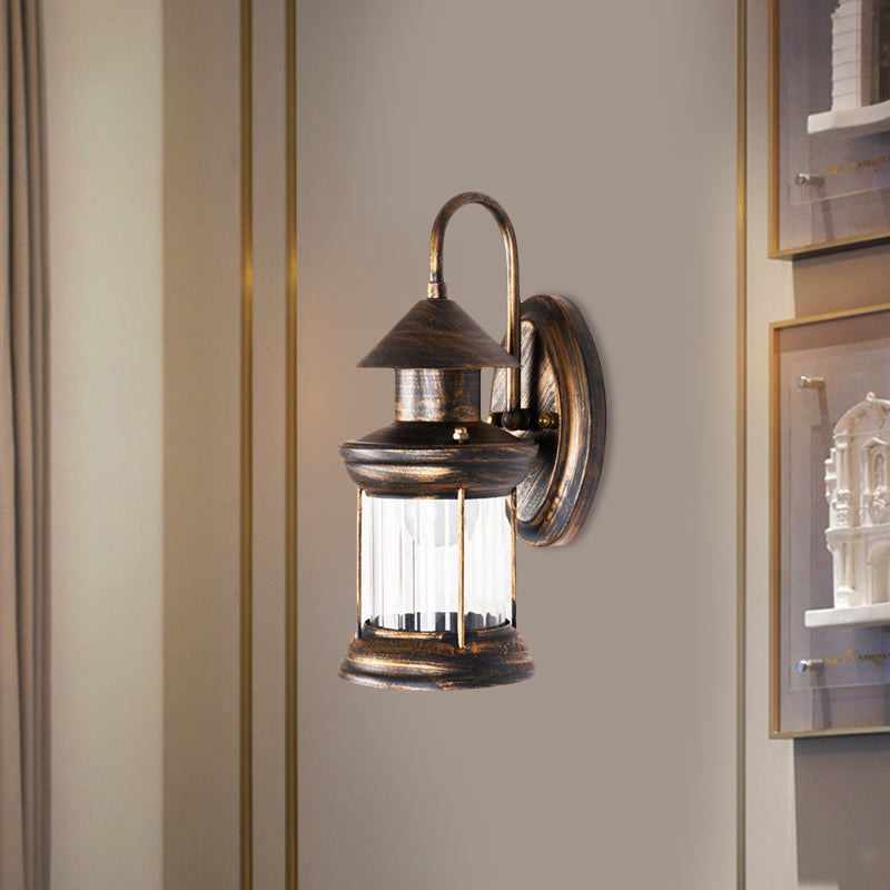 Metallic Lantern Wall Mount Lighting Coastal 1 Bulb Corner Wall Lamp Sconce with Curvy Arm in Brass