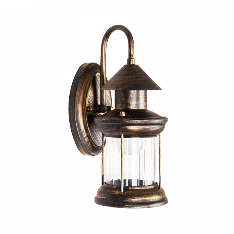 Metallic Lantern Wall Mount Lighting Coastal 1 Bulb Corner Wall Lamp Sconce with Curvy Arm in Brass